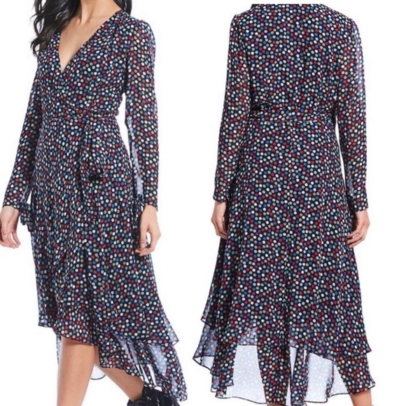 Betsey Johnson Multicolor Polka Dot Hi Low Hem Wrap Dress 4 Sheer Long Sleeves - Picture 1 of 16